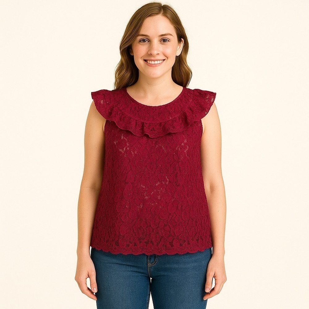 Lily Women’s White Sheer Burgundy Lace Top Size L
